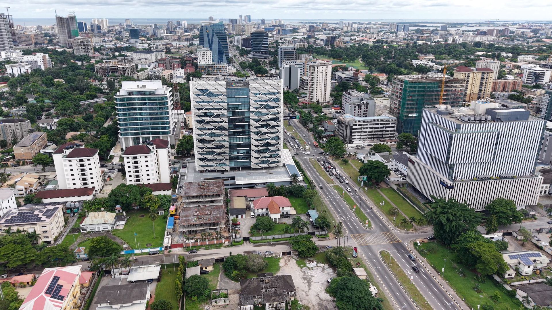 Office towers and streets in Lagos seen from the air
